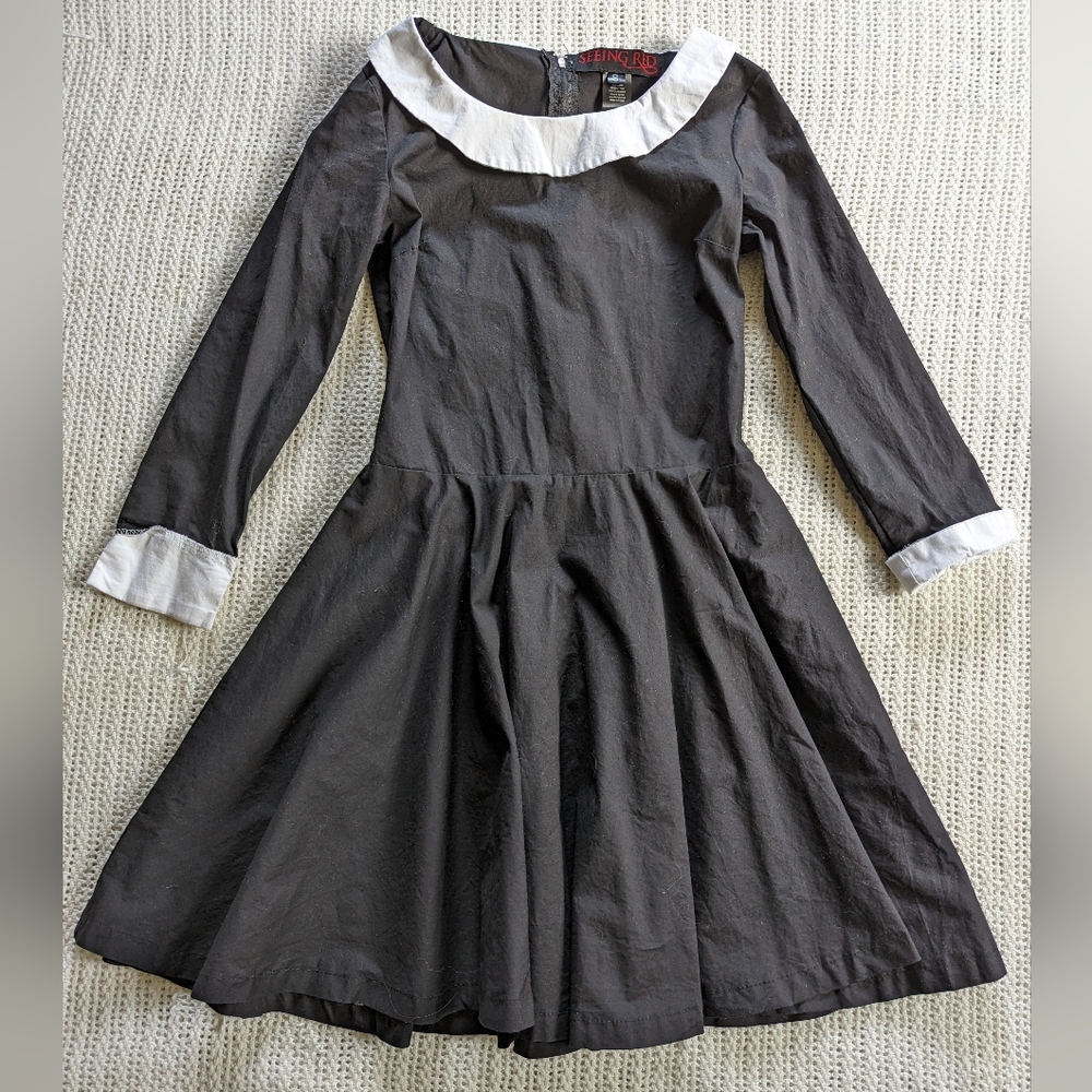 SEEING RED Women's SMALL Dress Costume Goth Wednesday Adams Collared Black